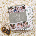 Tarjeta Festiva Con Relieve Metalizado Feliz Navidad Caligrafía Sage Green 6 Fotos<br><div class="desc">¡Dale a tus Navidades cartas un brillo con oro real, plata o Relieve metalizado de oro subió! ¡Difundan alegría por las vacaciones con esta encantadora tarjeta de Relieve metalizado de fotos de Navidades verdes de sabios! El frente presenta "Feliz Navidad" en un Relieve metalizado real y juguetón caligrafía escrita a...</div>