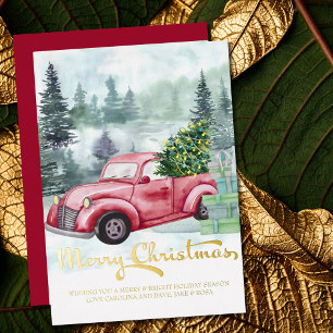 Tarjeta Festiva Con Relieve Metalizado Feliz Navidad Camioneta Roja Vintage en Bosque Dor