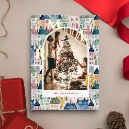 Tarjeta Festiva Con Relieve Metalizado Feliz Navidad Casas de Acuarela Roja Foto Arco