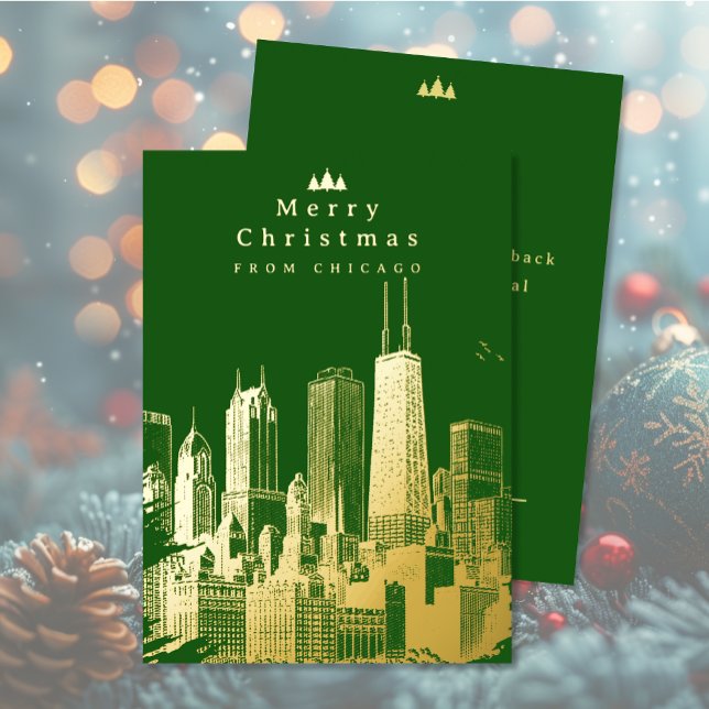 Tarjeta Festiva Con Relieve Metalizado Feliz Navidad Chicago Green Relieve metalizado Hol (Merry Christmas Chicago Green Foil Holiday Card (front and back))