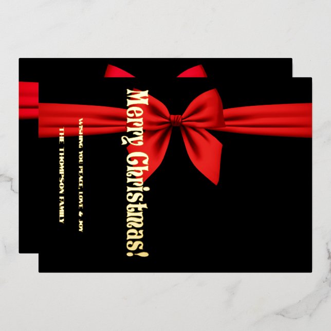 Tarjeta Festiva Con Relieve Metalizado Feliz Navidad, cinta roja (Anverso/Reverso)