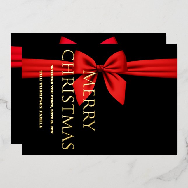 Tarjeta Festiva Con Relieve Metalizado Feliz Navidad, Cinta Roja Linda (Anverso/Reverso)