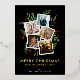 Tarjeta Festiva Con Relieve Metalizado Feliz Navidad Collage Black Modern Holly