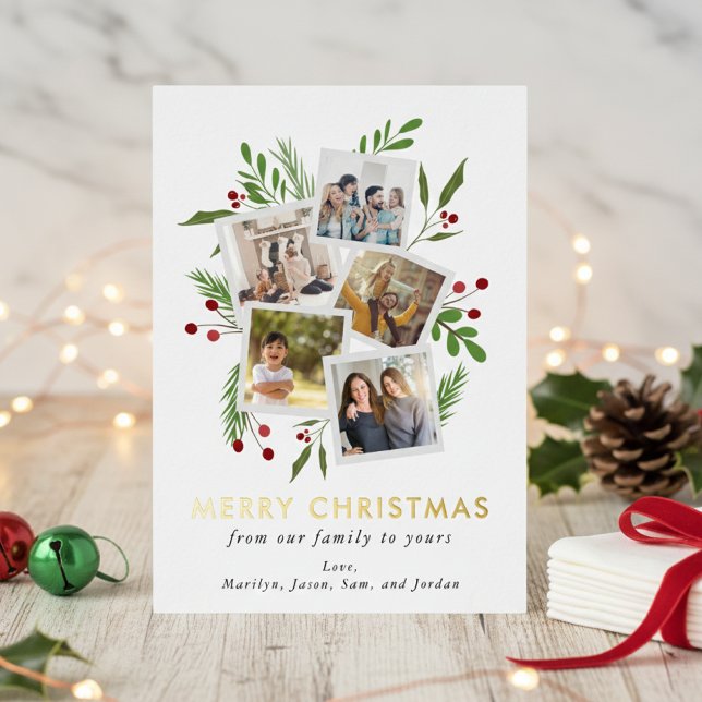 Tarjeta Festiva Con Relieve Metalizado Feliz Navidad Collage Personalizado Modern Holly (Subido por el creador)