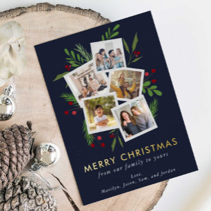 Tarjeta Festiva Con Relieve Metalizado Feliz Navidad Collage Personalizado Modern Holly