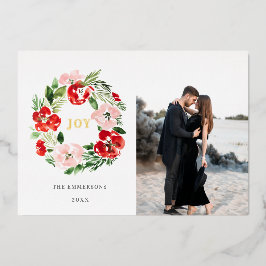 Tarjeta Festiva Con Relieve Metalizado Feliz Navidad color de agua rojo rosa wreath