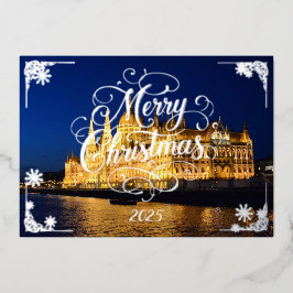 Tarjeta Festiva Con Relieve Metalizado Feliz Navidad con el edificio del Parlamento de Bu