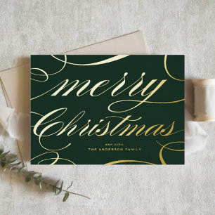 Tarjeta Festiva Con Relieve Metalizado Feliz Navidad con letra elegante y floritura verde