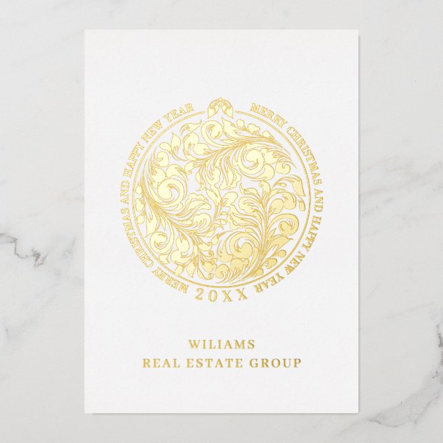 Tarjeta Festiva Con Relieve Metalizado Feliz Navidad Corporativa Greeuse Gold (Anverso)