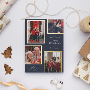 Tarjeta Festiva Con Relieve Metalizado Feliz Navidad Cuatro Fotos Rayas Clásicas Azul Mar