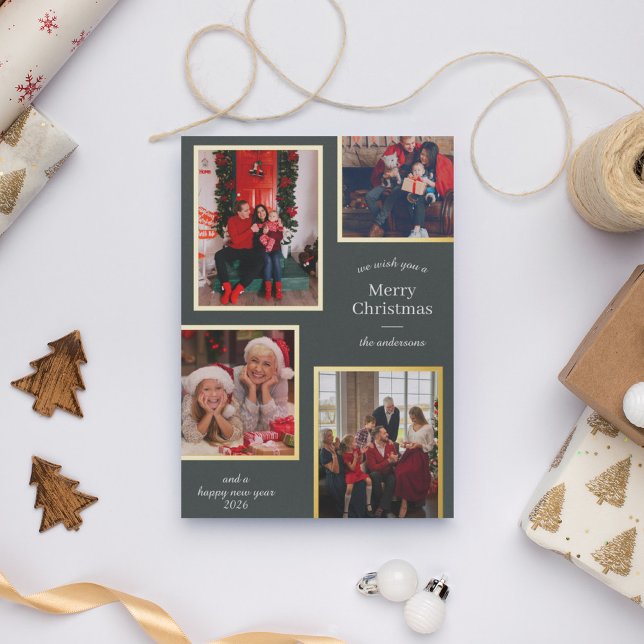 Tarjeta Festiva Con Relieve Metalizado Feliz Navidad Cuatro Fotos Rayas Clásicas Verde (Subido por el creador)