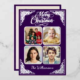 Tarjeta Festiva Con Relieve Metalizado Feliz Navidad, cuatro picadas, morado, plata