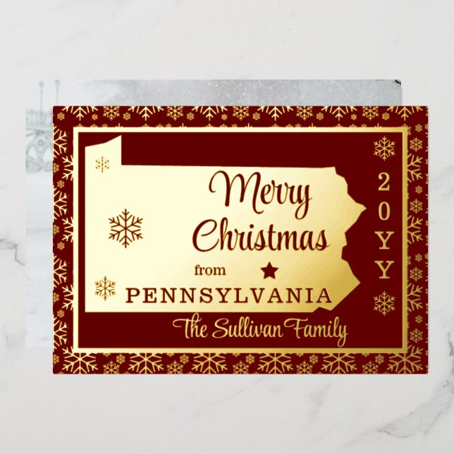 Tarjeta Festiva Con Relieve Metalizado Feliz Navidad desde el estado de Pennsylvania | Fo (Anverso/Reverso)