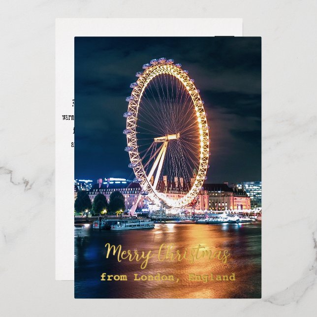 Tarjeta Festiva Con Relieve Metalizado Feliz Navidad desde Londres, Inglaterra (Anverso/Reverso)