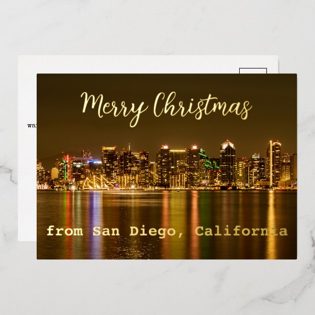 Tarjeta Festiva Con Relieve Metalizado Feliz Navidad desde San Diego California (Anverso/Reverso)
