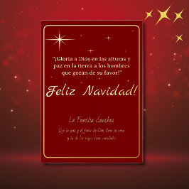 Tarjeta Festiva Con Relieve Metalizado Feliz Navidad Dorado y Rojo Lucas 2:14 Verso