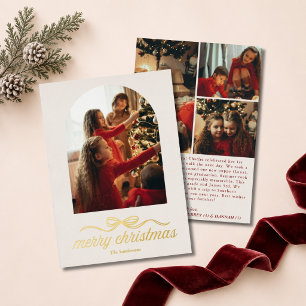 Tarjeta Festiva Con Relieve Metalizado Feliz Navidad Elegante Arco de lazo 4 Foto Dorado