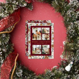 Tarjeta Festiva Con Relieve Metalizado Feliz Navidad Elegante Botánica Acuarela Roja