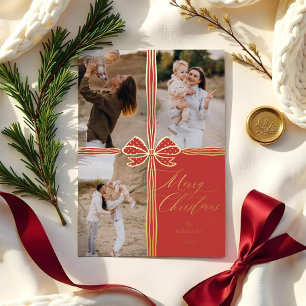 Tarjeta Festiva Con Relieve Metalizado Feliz Navidad Elegante Bow Presente Collage de fot