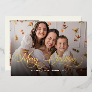 Tarjeta Festiva Con Relieve Metalizado Feliz Navidad Elegante Escritura Familiar Foto