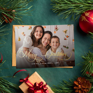 Tarjeta Festiva Con Relieve Metalizado Feliz Navidad Elegante Escritura Familiar Foto
