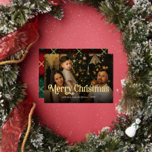 Tarjeta Festiva Con Relieve Metalizado Feliz Navidad Elegante Foto Retro Tartán Cuadros
