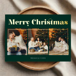 Tarjeta Festiva Con Relieve Metalizado Feliz Navidad Elegante Foto Verde<br><div class="desc">Celebra la temporada con nuestra tarjeta de Navidades personalizada. En el frente,  el elegante encabezamiento "Feliz Navidad" en el decorativo tipo de letra sif se complementa con tres preciadas fotos. En la parte de atrás,  agregue cuatro fotos más y personalice su mensaje para que tenga un toque más sincero.</div>