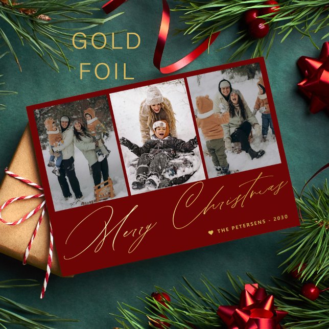 Tarjeta Festiva Con Relieve Metalizado Feliz Navidad elegante guión dorado 3 foto rojo (Subido por el creador)