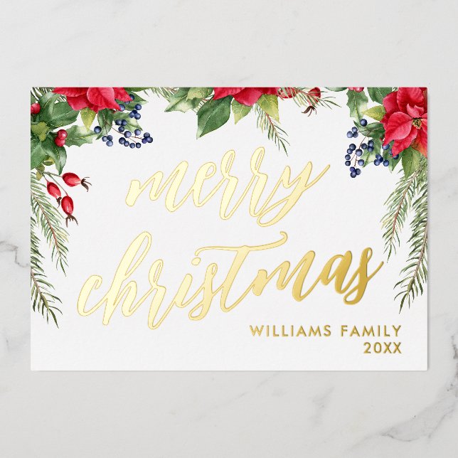 Tarjeta Festiva Con Relieve Metalizado Feliz Navidad Elegante Guión Dorado Foliage Floral (Anverso)