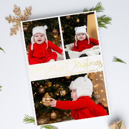Tarjeta Festiva Con Relieve Metalizado Feliz Navidad Elegante Script 3 Foto Familia Oro