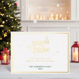 Tarjeta Festiva Con Relieve Metalizado Feliz Navidad Elegante tipografía gráfica blanco