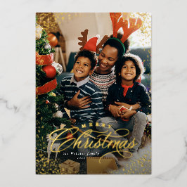 Tarjeta Festiva Con Relieve Metalizado Feliz Navidad elegante, un foto de la nieve