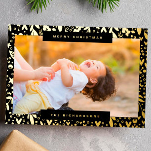 Tarjeta Festiva Con Relieve Metalizado Feliz Navidad en blanco negro dorado foto florales