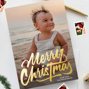 Tarjeta Festiva Con Relieve Metalizado Feliz Navidad en escritura dorada moderna GRANDE