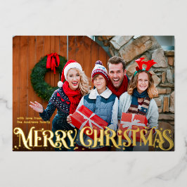 Tarjeta Festiva Con Relieve Metalizado Feliz Navidad Escritura Retro | Cuatro Fotos Perso