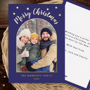 Tarjeta Festiva Con Relieve Metalizado Feliz Navidad Estilo Azul Foto Personalizada