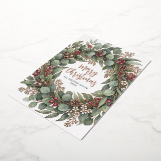 Tarjeta Festiva Con Relieve Metalizado Feliz Navidad Eucalipto Botánico Navidad