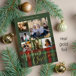 Tarjeta Festiva Con Relieve Metalizado Feliz Navidad familia 6 fotos oro verde rojo