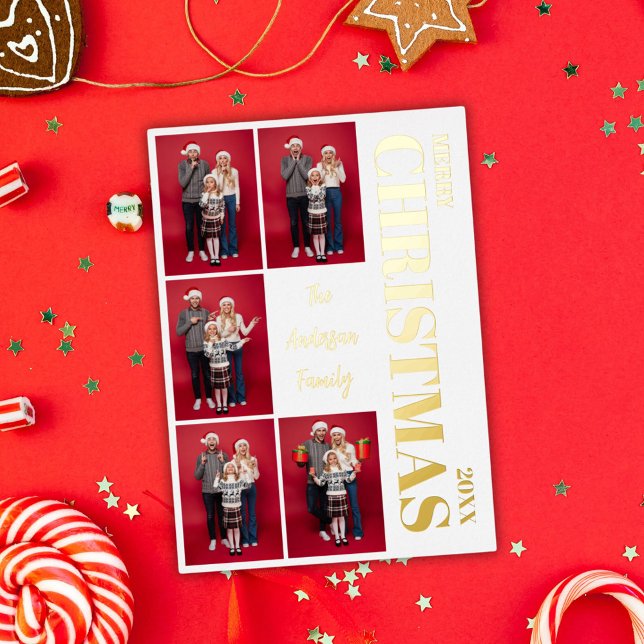 Tarjeta Festiva Con Relieve Metalizado Feliz Navidad Familia Moderna 5 Collage de fotos O (Merry Christmas Minimalist Family 5 Photo Collage Foil Holiday Card)