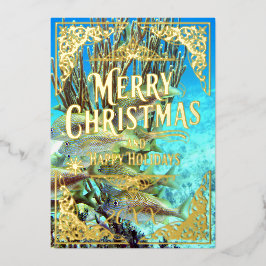 Tarjeta Festiva Con Relieve Metalizado Feliz Navidad Felices Fiestas Pescado y Oro de Cor