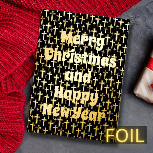 Tarjeta Festiva Con Relieve Metalizado Feliz Navidad Feliz año cercano cruz negro y oro