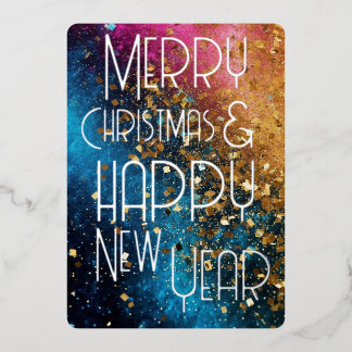 Tarjeta Festiva Con Relieve Metalizado Feliz Navidad Feliz Año Nuevo Confeti Azul Rosa