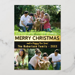 Tarjeta Festiva Con Relieve Metalizado Feliz Navidad Feliz Año Nuevo Elegante Oro Negro