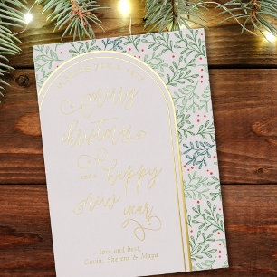 Tarjeta Festiva Con Relieve Metalizado Feliz Navidad Feliz Año Nuevo Foliaje de Invierno