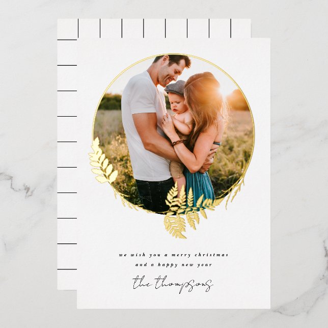 Tarjeta Festiva Con Relieve Metalizado Feliz Navidad Feliz Año Nuevo Foto Botánica (Anverso/Reverso)