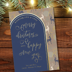 Tarjeta Festiva Con Relieve Metalizado Feliz Navidad Feliz Año Nuevo Reno
