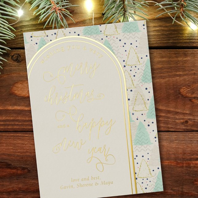 Tarjeta Festiva Con Relieve Metalizado Feliz Navidad Feliz Año Nuevo Resumen Árboles (Subido por el creador)