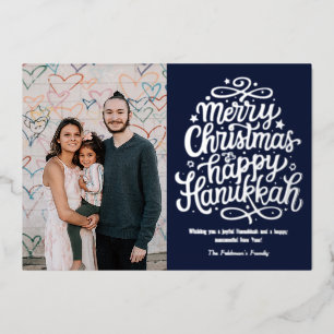 Tarjeta Festiva Con Relieve Metalizado Feliz Navidad Feliz Hanukkah Foto Familiar 
