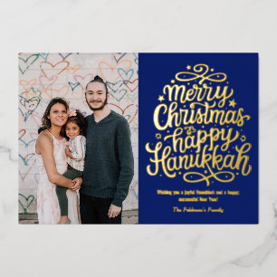 Tarjeta Festiva Con Relieve Metalizado Feliz Navidad Feliz Hanukkah Foto Familiar 