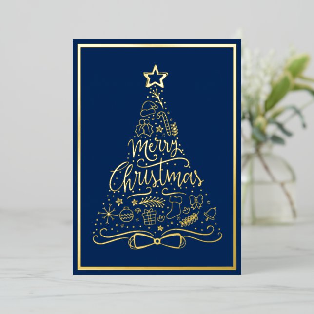 Tarjeta Festiva Con Relieve Metalizado Feliz Navidad Fiesta Azul Árbol de Navidad Tus Pal (Anverso de pie)